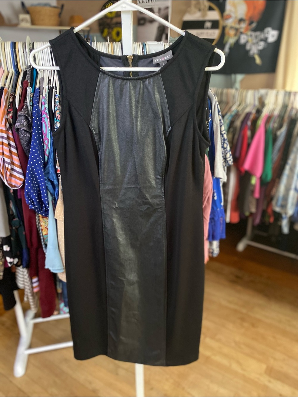 Roz & Ali Black Sleeveless Faux-Leather Panel Sheath Dress